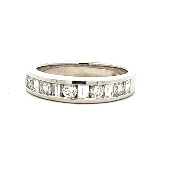 14kt White Gold Wedding Band with 5 Round Diamonds .38ct tw and 6 Baguette Diamonds .46ct tw SI2 HI