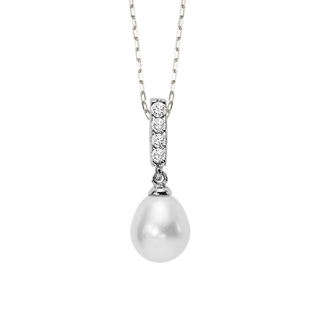Sterling Silver Pendant With 1 Freshwater Pearl And 4 CZs On Sterling Silver Cable 18" Chain