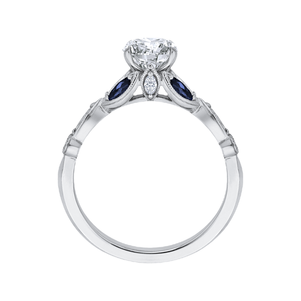 14K White Gold Round Diamond Engagement Ring Mounting With 4 Sapphires