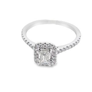 14kt White Gold Ring With Emerald Cut Center and 38 Round Diamonds .61