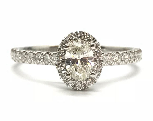 14Kt White Gold Diamond Engagement Ring With 1 Oval Diamond .40Ct I1 IJ Surrounded By A Halo Of 14 Round Diamonds As Well As 18 Diamond On The Sides .35Ct Tdw I1 HI Size 7-Goes With Wb 110-1345