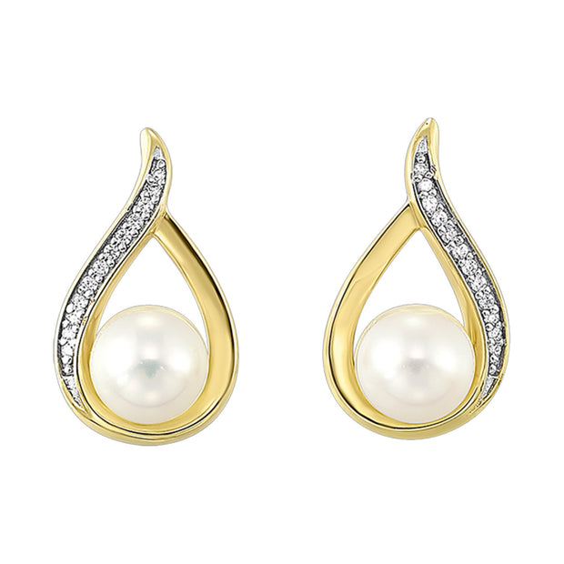 14kt Yellow Gold Pearl Earrngs With 24 Round Dimaonds .06tdw H/I I2