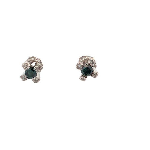 Vintage 14Kt White Gold Earrings Prong Set With 2 Irradiated Blue Roun