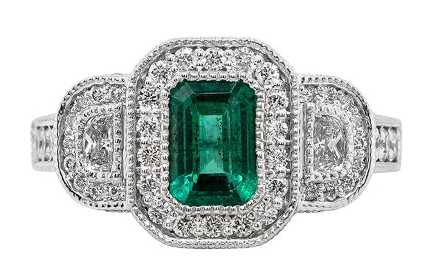 14kt White Gold Ring With Emerald Cut Emerald Center .97ct 128 Round D