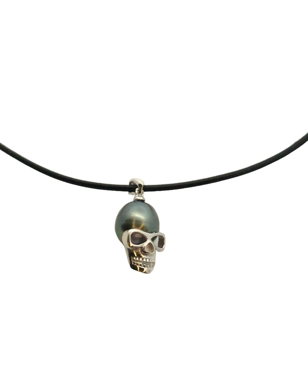 18" Leather Necklace With 1 11mm Tahitian Pearl With Skull Face Pendant. Sterling Silver Clasp  Face