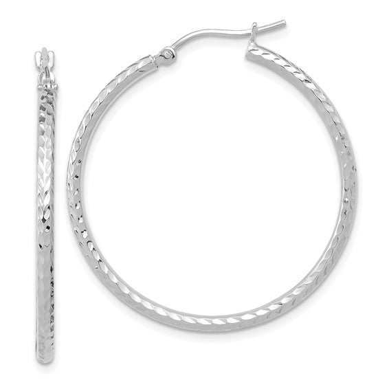 10k White Gold Diamond-cut 2x35mm Round Tube Hoop Earrings
