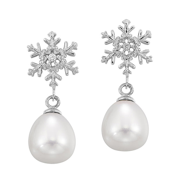 Sterling Silver Snowflake and Dangle Freshwater Pearl Earrings