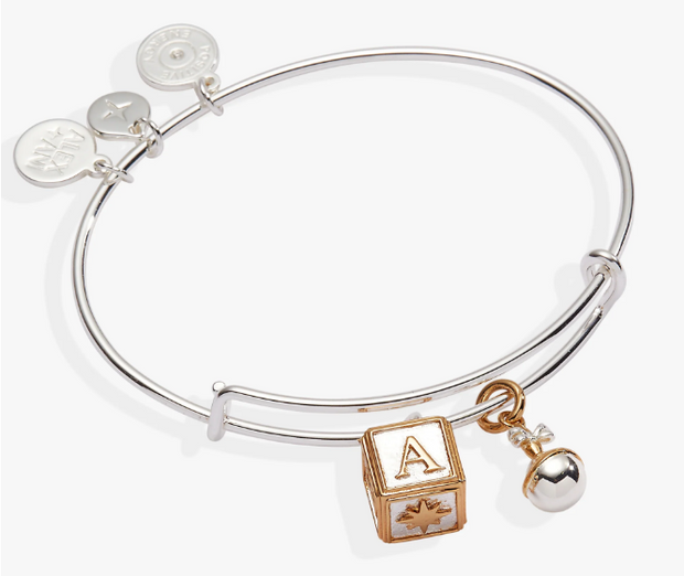 Sterling Silver Bangle With Two-Tone Yellow And Silver Rattle And Baby