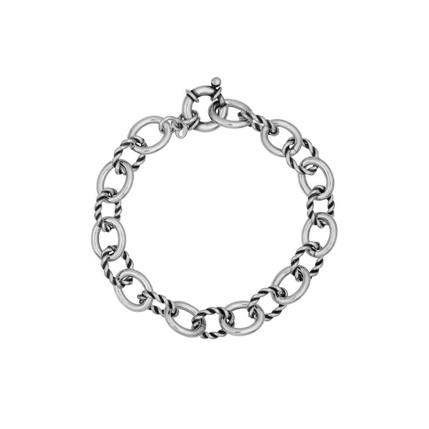 Sterling Silver Oxidized Circle and Oval Link Bracelet