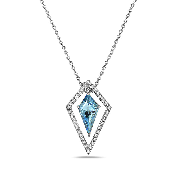 14Kt White Gold Pendant With One .84Ct Kite Shaped Blue Topaz And 36 R