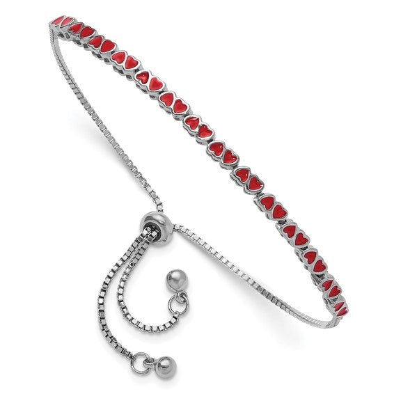 Sterling Silver Rhodium-plated Enameled Hearts Adjustable Bracelet