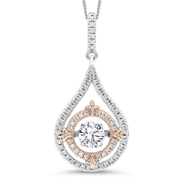 Sterling Silver 18 Inch Chain Two Tone Pendant With 60 Round Prong Set Diamonds And "Rhythm Of Love" Cz Center .06Ct Tdw I1 HI