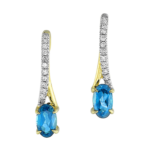 10kt Yellow Gold Dangle Earrings With Oval Blue Topaz .50ct and 24 Rou