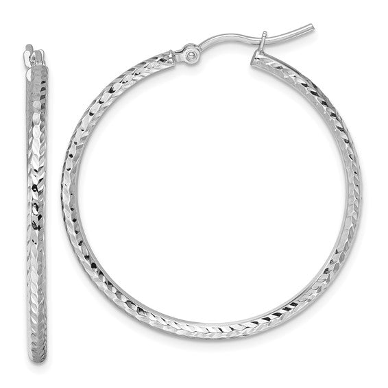10kt White Gold Diamond-Cut Round Hoop Earrings 2x35mm