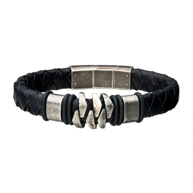 Men's Stainless Steel and Gun Metal Black Leather Bohemian Bracelet. Length of 8.75 - 8.25 inches with Self-Adjustable Links.