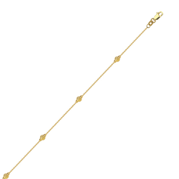 14Kt Yellow Gold Diamond Cut  Anklet W/Small Polished Beads 1.82gr