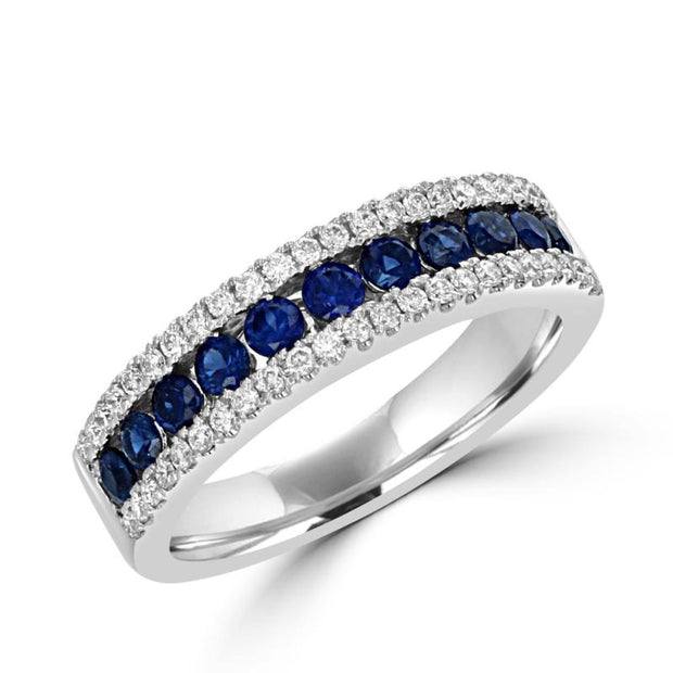 14kt White Gold Ring With 1 Row 11 Round Blue Sappires .73ct and 2 Row