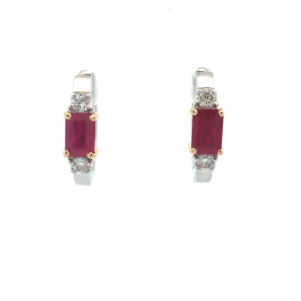 Two Tone 14 Karat Small Hoop Earrings With 2=1.33Tw Emerald Cut Rubies And 4=0.30Tw Round Diamonds