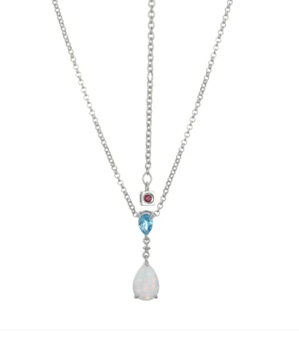 Sterling Silver Dangle Pendant With Pear Shaped Created Opal and Blue