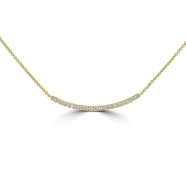 14 Karat Yellow Gold Curved Bar Necklace Prong Set With Nineteen Round