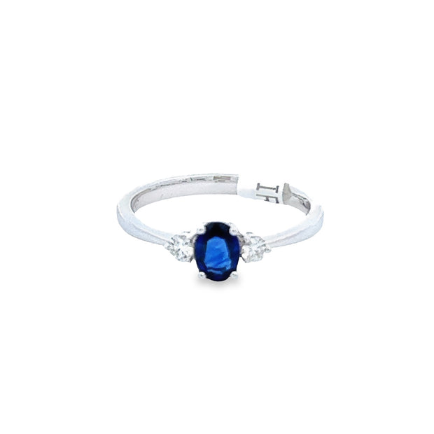 18kt White Gold Ring With 4x6 Oval Blue Sapphire .44ct and 2 Round Dia