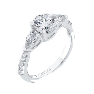 14K White Gold Three Stone Diamond Engagement Ring Mounting With 2 Pea