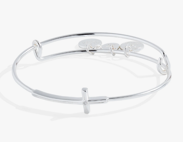 Sterling Silver Cross Inline Bangle Bracelert With Crystal Accent