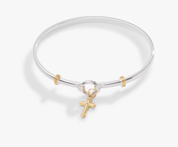 Sterling Silver Bangle With Yellow Tone Cross And Accents