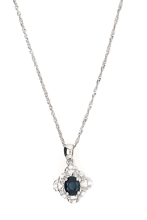 14Kt White Gold 18 Inch Singapore Chain Pendant  With Genuine .32  Oval Sapphire And 8 Round Diamond Accent Stones .04 tdw