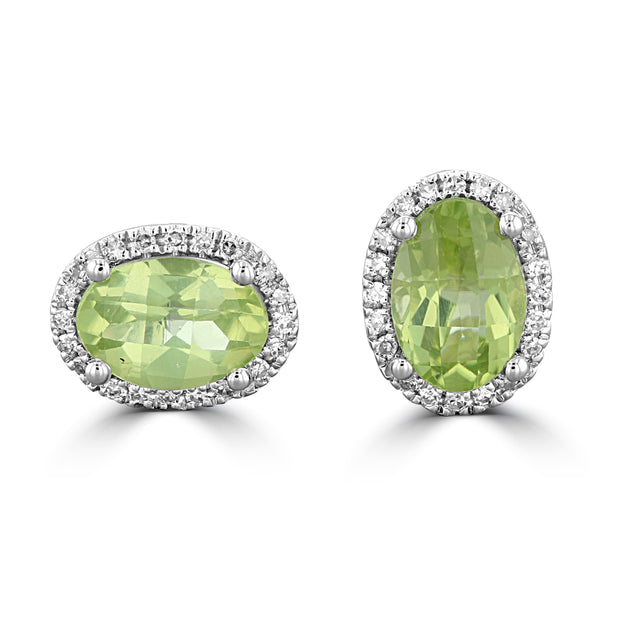 14kt White Gold Earrings With 1.76ct Oval Peridot Surrounded By 40 Rou