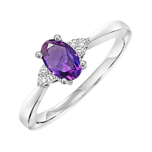 10kt White Gold Ring With Oval Amethyst Center and 3 Round Diamonds On