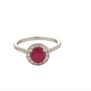 14kt White Gold Ring With1 Round Ruby .85ct Surrounded By 39 Round Diamond Halo Diamond Channel .57tdw I SI1