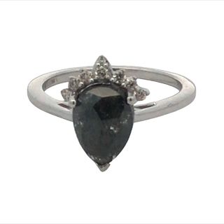 14kt White Gold Ring With 1.85ct Pear Shaped Salt And Pepper Center Surrounded By 9 Round Diamonds 1.96tdw