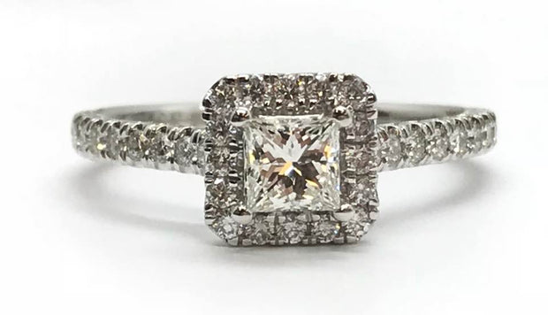 14Kt White Gold Diamond Engagement Ring With 1 Princess Cut Center Stone .38Ct Tdw I1 GH Surrounded By 16 Diamonds And 18 Diamonds On The Sides .37Ct Tdw I1 HI Size 7