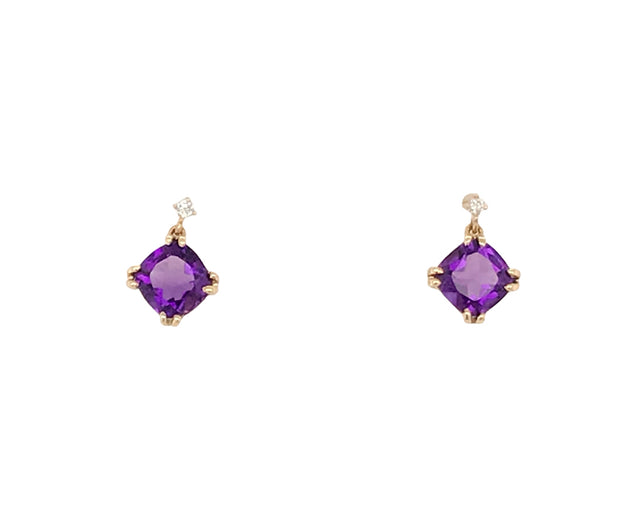 14kt Yellow Gold 2.20ct  Cushion Cut Amethyst and 2 Round Diamonds .04tdw Dangle Earrings