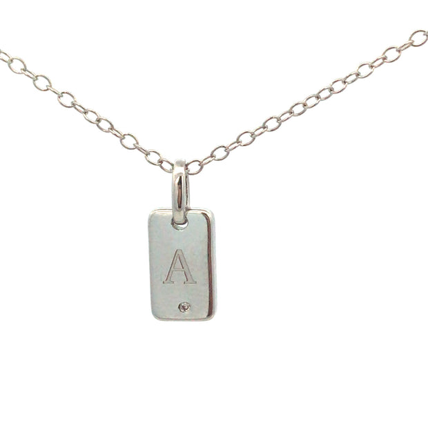 Sterling Silver Small Initial "A" Rectangular Pendant With .01Ct Diamo